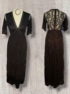 PinkBlush Lace Floral Motif Mesh Maxi Dress Black Edwardian Downton Abbey Small